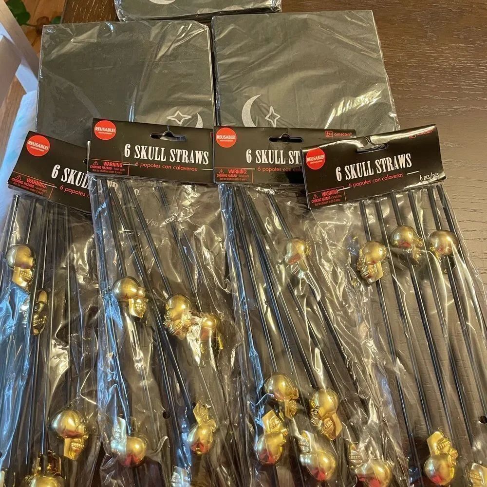 Halloween Goth Amscan Gold Skull Party Reusable Straws Black Print Napkins